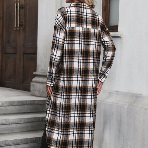 Multicolor Preppy Womens Plaid Print Drop Shoulder Coat - Picture 2 of 5